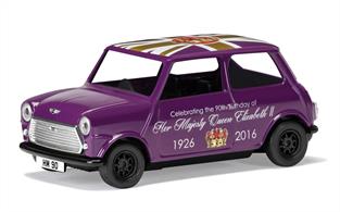 Corgi 1/50 The 90th Birthday of HM Queen Elizabeth II ? Commemorative Die-Cast Souvenir Austin Mini CC82107The 90th Birthday of HM Queen Elizabeth II – Commemorative Die-Cast Souvenir Austin Mini A special edition Classic Mini in regal purple to celebrate the 90th Birthday of HM Queen Elizabeth II.This historic occasion will be marked by a four day long celebration in London in May, chronicling the Queen's birth, through to World War II, her marriage, coronation and a reign of more than 60 years.
