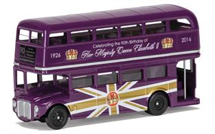 Corgi 1/50 The 90th Birthday of HM Queen Elizabeth II ? Commemorative Die-Cast Souvenir Classic Routemaster CC82326The 90th Birthday of HM Queen Elizabeth II – Commemorative Die-Cast Souvenir Classic RoutemasterA special edition Classic Routemaster in regal purple to celebrate the 90th Birthday of HM Queen Elizabeth II.This historic occasion will be marked by a four day long celebration in London in May, chronicling the Queen's birth, through to World War II, her marriage, coronation and a reign of more than 60 years.