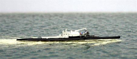 This is a 1/1250 scale model of the British submarine, HMS M2, in 1927 after re-fitting to carry a small seaplane, a Parnall Peto, in a pressurised hangar forward of the bridge