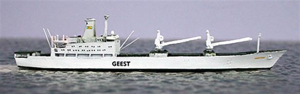 1/1250 scale metal model of Geestport, IMO 8003773, a refrigerated ship completed in 1982 by Austin &amp; Pickersgill at Middlesborough. Almost immediately the ship was chartered by the British Government, equipped with a helipad to take stores and provisions to support the Falklands campagne and arrived there on 11th June 1982.&nbsp;