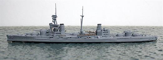 A 1/1250 scale metal model of the ship that was building for Turkey at Armstrong's Elswick Works and was taken over by the Royal Navy after the outbreak of WW1. At Armstrongs, she was known as the big battleship on account of her long hull required to accommodate the 14 x12" guns of her main armament. This new "N" model shows the ship as in 1917 but she was re-modelled several times to fit the Royal Navy requirements.