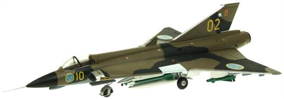 Aviation 72 AV7241002 Diecast Aircraft model of the Swedish Airforce Interceptor SAAB Draken  The Saab 35 Draken is a Swedish fighter aircraft manufactured by Saab between 1955 and 1974. The Draken was built to replace the Saab J 29 Tunnan and, later, the fighter variant (J 32B) of the Saab 32 Lansen.