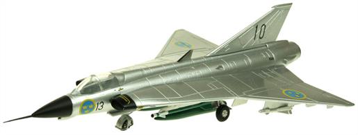 Aviation 72's die-cast aircraft model of a Swedish air force Interceptor - the SAAB J35 Draken,&nbsp;manufactured between 1955 and 1974. The Draken was built to replace the Saab J 29 Tunnan and, later, the fighter variant (J 32B) of the Saab 32 Lansen.Quite a powerful aircraft, ahead of its time in configuration.