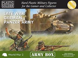 &nbsp;This late war German panzer army box set will give you all you need to start fighting on the Eastern and Western fronts of WW2. Included in this box you will get 6x Panzer IV's, 4x Panthers, 4x SdKfz 251/D Halftracks, 2x Tiger I's, 47x Panzergrenadiers, including 3x LMG teams, Command and panzerfausts and panzerschrecks, 1x mixed base sprue and a generic decal sheet with balkankreuz.