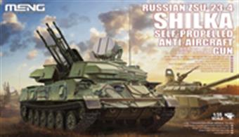 Meng TS-023 1/35 Scale Russian ZSU-23-4 Shilka Self Propelled Anti Aircraft GunDimensions - Length 186mm Width 89mmThe kit can be built into four model options: ZSU-23-4V1, ZSU-23-4M, ZSU-23-4M2 and ZSU-23-4MZ. This kit includes movable torsion bar suspension, workable track links, ammo feed tray, driver's compartment interiors, and clear periscope and optical equipment parts. The quad anti-aircraft gun barrels move together. Precision PE parts are included.Glue and paints are required