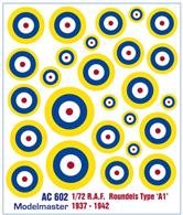 MMAC602R.A.F. Roundels Type 'A1', 1937 - 1942. Yellow, red, white &amp; blue. 1/72nd Scale AIRCRAFT DECALS.Accurate representations of military aircraft markings - this range is being painstakingly researched from official sources and will be expanded in the near future.Full instructions are included with every set, and the unique ultra thin varnish on our decals is both very strong and unobtrusive. Everything we design and supply is manufactured in the United Kingdom.