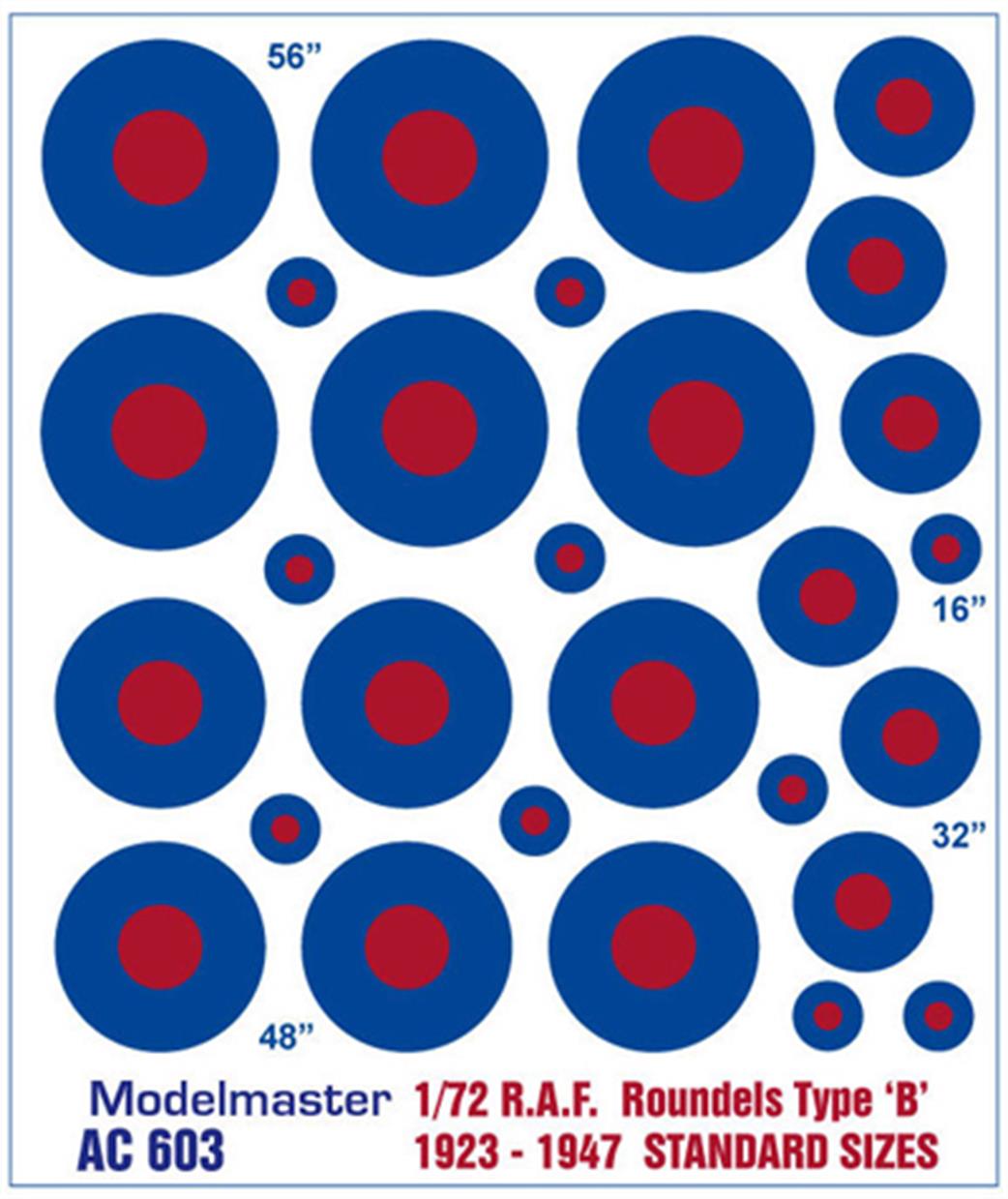 Modelmaster Decals 1/72 AC 603 RAF Roundels Type B 1923-1947 Standard Sizes Waterslide Decals
