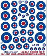 MMAC604R.A.F. Roundels Type 'C', 1942 - 1947. Red, white &amp; blue. (sizes for single &amp; twin engine fighters &amp; bombers) 1/72nd Scale AIRCRAFT DECALS.Accurate representations of military aircraft markings - this range is being painstakingly researched from official sources and will be expanded in the near future.Full instructions are included with every set, and the unique ultra thin varnish on our decals is both very strong and unobtrusive.