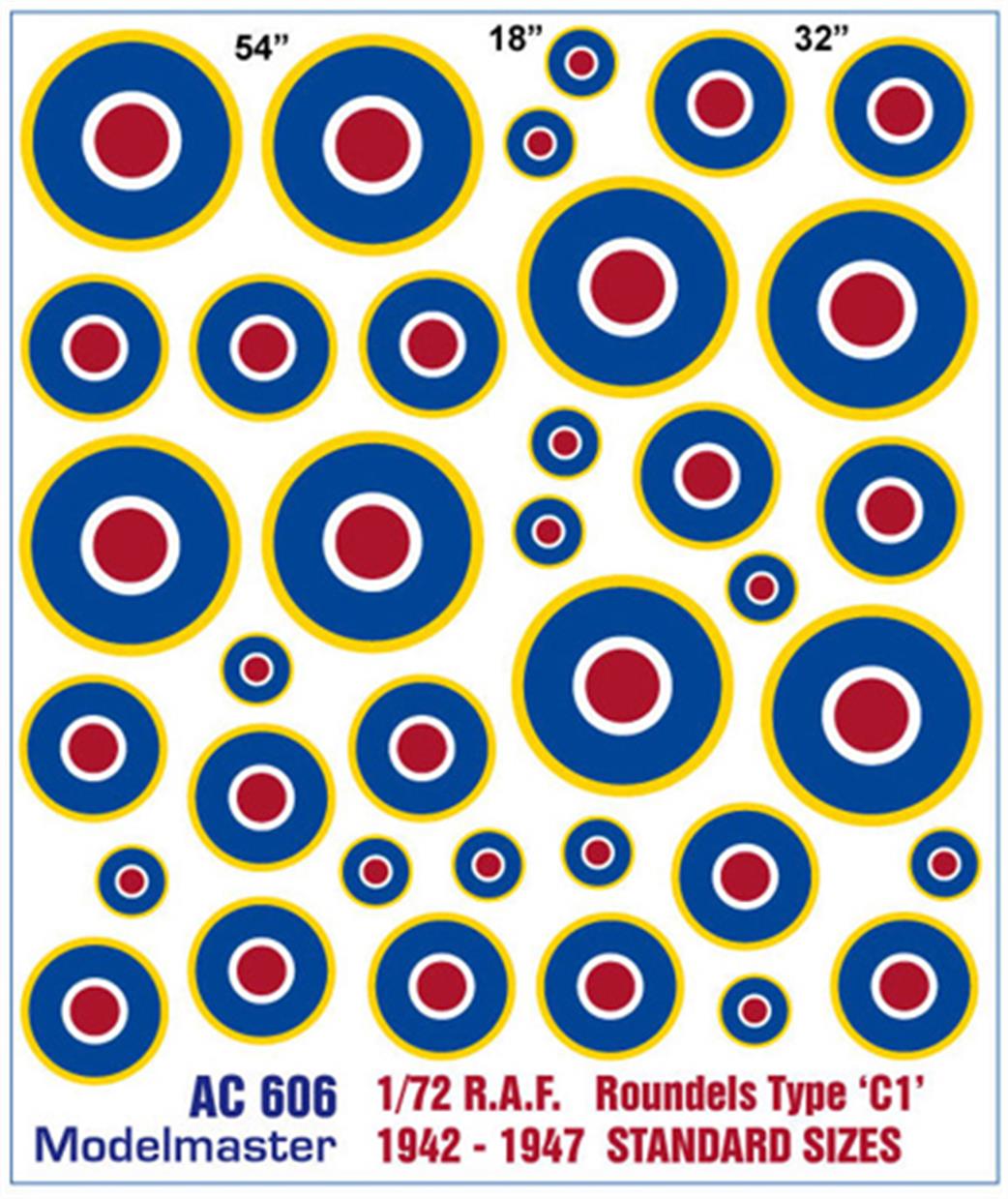 Modelmaster Decals 1/72 AC605 RAF Roundels Type C1 1942-1947 Standard Sizes Waterslide Decals