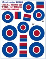 MMAC606R.A.F. Roundels Type 'C', 1942 - 1947. Red, white &amp; blue. (sizes for heavy bombers &amp; Coastal Command)1/72nd Scale AIRCRAFT DECALS.Accurate representations of military aircraft markings - this range is being painstakingly researched from official sources and will be expanded in the near future.Full instructions are included with every set, and the unique ultra thin varnish on our decals is both very strong and unobtrusive. Everything we design and supply is manufactured in the United Kingdom.