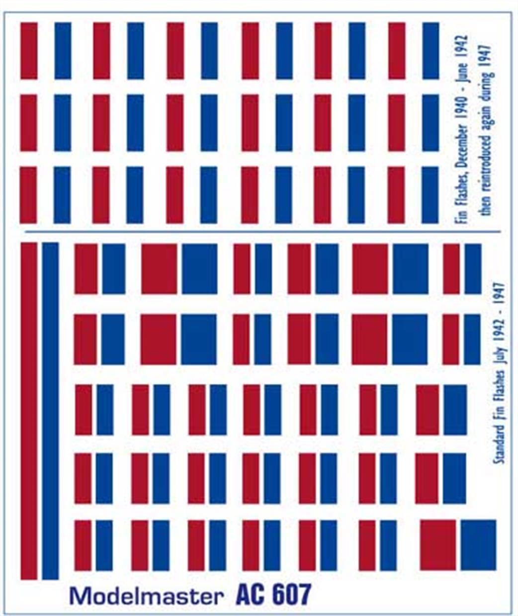 Modelmaster Decals 1/72 AC 607 RAF Fin Flashes 1940-1947 Waterslide Decals