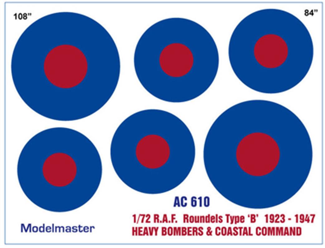 Modelmaster Decals 1/72 AC 610 RAF Roundels Type B 1923-1947 Bombers & Coastal Command Waterslide Decals