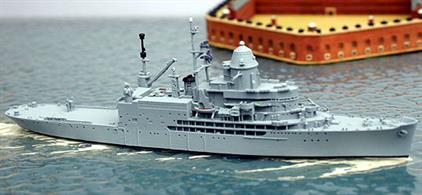 A 1/1250 scale model of Norton Sound, AVM-1, as a missile trials ship. Norton Sound started as a seaplane tender in WW2. She served off Okinawa and around Japan until 1946. Thereafter, she operated as a trials ship for many programmes until 1986. Here she is modelled as she looked in 1961.