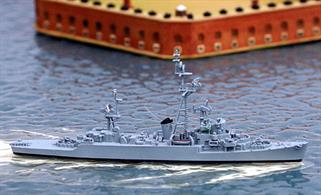 A 1/1250 scale metal model of USS Harveson, a wartime destroyer escort converted later to a&nbsp; more specialised role for the cold war.