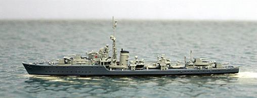 A 1/1250 scale metal model of HMS Tenacious, an S/T-class destroyer in her 1943 camouflage scheme.