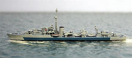 A 1/1250 scale metal model of HMS Cavendish in her 1944 Fer East camouflage scheme of grey over blue.