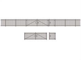 Pack of modern palisade security fencing, as used around secure compounds like electricity substations and alongside the railway in towns and cities to prevent trespassing.Pack contains 672mm (26½in) of straight fencing plus 4 vehicle and 4 pedestrian gates.