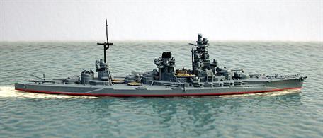 A 1/1250 scale metal model of the Japanese battleship Hyuga in 1942 at the battle of Midway. X-turret has been removed and replaced by an AA tower.