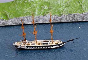 This is a 1/1250 scale model of a Danish wooden frigate, Gefion, which was involved in the Schleiswig wars as soon as she commisioned.