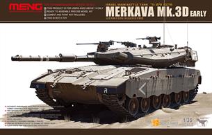The Merkava Mk.3D MBT model kit in 1/35 scales with length 258mm and width 111mm.Precise reproduction of the turret characteristics of the Merkava Mk.3D. Two options for road wheels and driver’s hatch. The headlights can be opened and closed as you like. All periscopes can be made open and closed. The subtle tie-downs at the rear of the turret are easy to assemble. Two options for painting styles