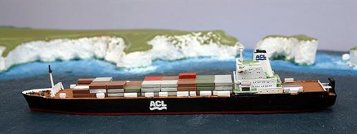 A 1/1250 scale model of Atlantic Cinderella, an ACL container ship, G2 type, built 1970, scrapped 1985. The white box structures along the deck edge are vents for the internal Ro-Ro deck. 