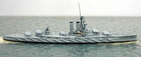 A 1/1250 scale, new model of HMS Erin in 1914-16. The model represents the ship at the outbreak of WW1 when requisitioned by the Admiralty from Vickers shipyard before delivery to Turkish owners. She remained in this condition until the anti-torpedo nets were removed in 1916.