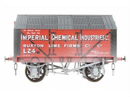 Model of a peak roof covered lime van finished in the red livery of ICI, Imperial Chemical Industries, running number L24 with weathered finish.This detailed model replicates a wagon built to the 1887 RCH standard with wood underframe and grease lubricated axleboxes based on wagons constructed by the Gloucester RCW Company.