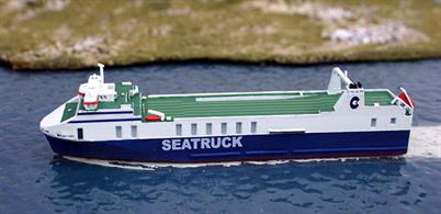 a 1/1250 scale metal model of Seatruck Progress, a Ro-Ro cargo carrier currently operating between Liverpool &amp; Dublin. There are 4 ships in this class which were built in Flensburg in 2011 &amp; 2012 (Seatruck Progress, Performance, Precision &amp; Power). These 21kt ships have 2166 lane metres of trailer space, equivalent to 151 trailers.