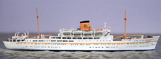A new 1/1250 scale model of Esperia, a passenger ship of the Adriatica di Navigazione, Venezia line, from 1949 onward. Modelled as in 1973 by Mare Nostrum MN14.Mare Nostrum has made some highly detailed and expertly painted models over the last few years. Initially, they were cast in resin but nowadays they are cast in metal..