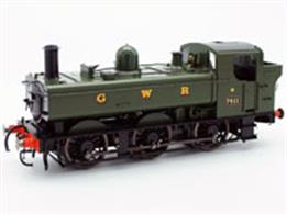 A finely detailed O gauge model of GWR locomotive 7411 in Great Western green livery.One of the 74xx class pannier tank locomotives, the non-auto version of the 64xx class used on branch lines with conventional passenger coaches.