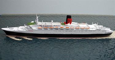A 1/1250 scale model of the Queen Elizabeth II, the most famous Cunard liner of our lifetimes. Modelled here with the larger funnel fitted after she had been re-engined in the post Falklands Campaign re-fit.