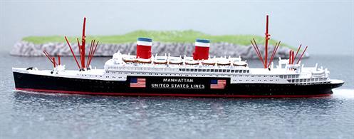A 1/1250 scale metal model of Manhattan United States Lines by CM Miniaturen CM225A. This model represents Manhattan during 1939-41 when she was marked with US flags and identity markings to avoid being sunk by German U-boats after the start of WW2.