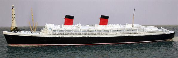 A 1/1250 scale metal model of the famous Cunarder, Queen Elizabeth, modelled in her prime and in full Cunard livery after the war.