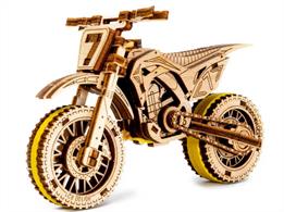 This Motocross model is equipped with a pull-back mechanism that allows the motorcycle to move approximately 1 meter (39.37?) forwards and backwards. Powered by a rubber-band motor, the model demonstrates an excellent representation of mechanical principles in action.