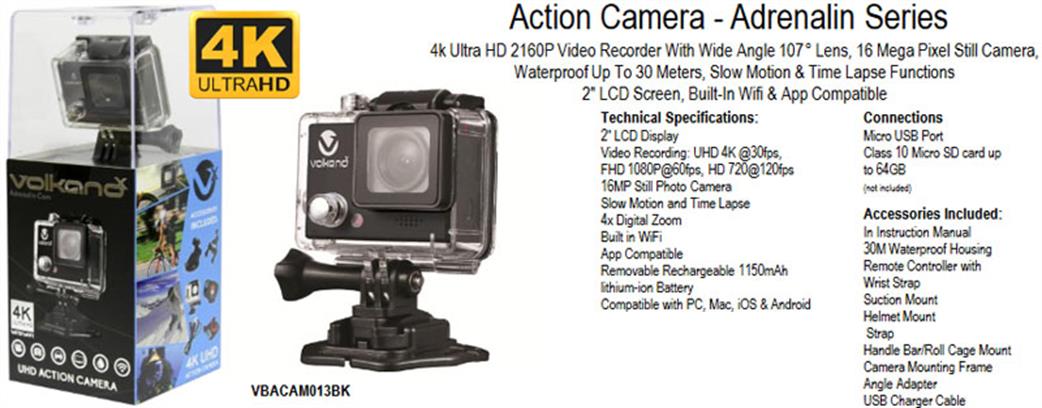 Volkano  VBACA013BK 4k UltraHD Action Camera Adrenalin Series