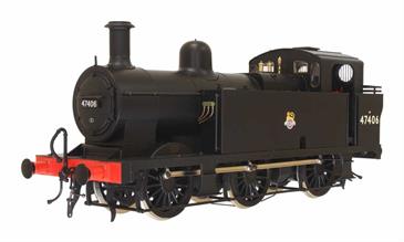 Detailed model of British Railways ex-LMS class 3F Jinty shunting engine 47406 finished in black livery with early emblem.One of the preserved examples of the LMS class 3F tank engines 47406 had originally been used as a source of spares, but was restored to service on the Great Central Railway in 2010, making this engine a good choice for heritage railway layout settings.