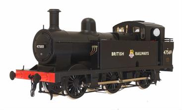 Model of British Railways ex-LMS 3F Jinty 0-6-0 tank engine 47569 in BR black livery with early emblem.Released from a works overhaul during 1948 before the new unicycling lion transfers were available ex-LMS Jinty tank 47569 was lettered BRITISH RAILWAYS. Engines normally carried the lettering until their next overhaul or repaint, when the lettering was replaced by the latest emblem. 47569 was a little unusual in being recorded with emblems applied between the existing lettering.