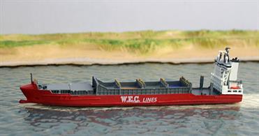 A 1/1250 scale metal model of WEC Mondrian, a Sietas feeder container ship, Portugese flag, 9981 gross tonnage and built 2006.