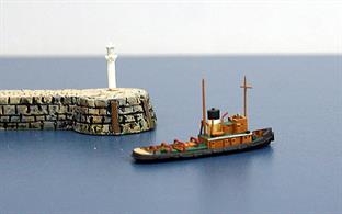 A 1/1250 scale metal model of the London tug, Moorcock. This tug was employed for many years at the London Cruise Terminal, Tilbury and was sold &amp; scrapped in the 1980s. Sistership Dhulia is also modelled but both castings are marked "Dhulia MN17" and have the same paint scheme, so only the boxes differ.