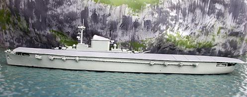 A 1/1250 scale metal model of the proposed conversion of the German transatlantic liner, Europa, to an aircraft carrier during WW2. The conversion was never carried out but outline plans were produced and the model has been built to those.