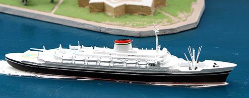 A 1/1250 scale metal model of the Italian transatlantic liner in 1952. Fast and stylish, the Andrea Doria was rammed and sunk by the Swedish liner, Stockholm, which was still afloat in 2021 and cruising for Cruise &amp; Maritime Voyages as "Astoria" and "Azores".