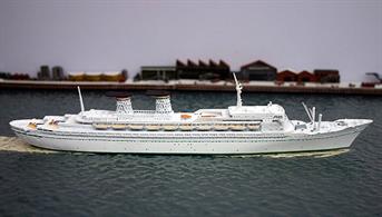 A 1/1250 scale metal model of Michelangelo, the Italia Line cruise ship of 1965.