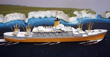 A 1/1250 scale model of Orient Lines, Orsova, from 1953. Orsova was the first passenger ship to be built in the UK with a fully-welded hull. The model has been re-issued by CM and provides a welcome addition to the Orient lines ships available for collectors.