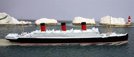 A 1/1250 scale, fully assembled and painted, metal, waterline model of Berengaria (ex-Imperator), a Cunard transatlantic liner from 1922. Berengaria had been the the German liner Imperator but was allocated to Cunard after WW1 in compensation for the Lusitania, which had been sunk in 1915 by a German submarine. Berengaria soldiered on despite a large crack appearing in her hull in an Atlantic storm which spead around 2/3 of her hull and necessitating a heavy repair and outlasted her newer sister Majestic but was brought down by a fire in New York with damage beyond economic repair. She was scrapped in 3 locations in the UK from 1938-46.