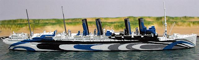 A 1/1250 scale metal model of USS Mount Vernon, ex-Kronprinzessin Cecilie, as a dazzle-painted trooper in WW1. Originally one of the famous German 4-funnel transatlantic liners, she was interned in USA after the outbreak of war and taken over as a troopship when USA entered the war and camouflaged.