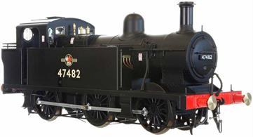 Ex-LMS Jinty 47482 was sent to Darlington works for an overhaul and emerged finished with the locomotive numbers applied to the side tanks below the BR crests instead of the bunker. This was the lettering style used by the ex-LNER works for tank engine classes like the J72, but appears to have been a unique instance among the ex-LMS Jintys.