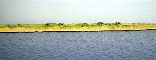 A 1/1250 scale fully assembled and painted model of a section of the Atlantic Wall based on the c17cm gun emplacements just to the south of the Dutch port of Ijmuiden. The guns came from German pre-dreadnought battleships and were mounted inside standard concrete emplacements and became operational early in 1945. This Atlantic Wall set includes 2x High Dunes resin modules, each 10" (25cm) long and a resin module, 10" (25cm) long with a director control tower, 4 gun emplacements and 2 magazines.