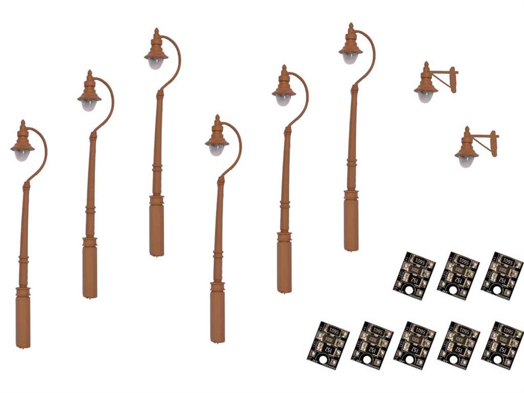 DCC Concepts OO LML-VPSBN Swan Neck Lamps LED Lit Brown 2 Wall 6 Street/Platform Lamps