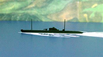 A 1/1250 scale metal model of Iris, the first of the Minerve-class French submarines to complete in 1934, modelled here in overall green camouflage, employed during the early part of WW2.