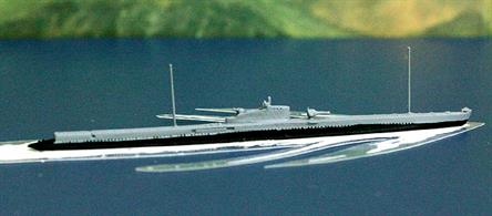 A 1/1250 scale metal model of Presee, a French Redoutable-class first-class submarine in 1932 when she carried a two-tone grey paint scheme. Persee is also available from Antics in camouflage green. Persee was sunk in late 1940 during Allied attacks on French colonial posessions.